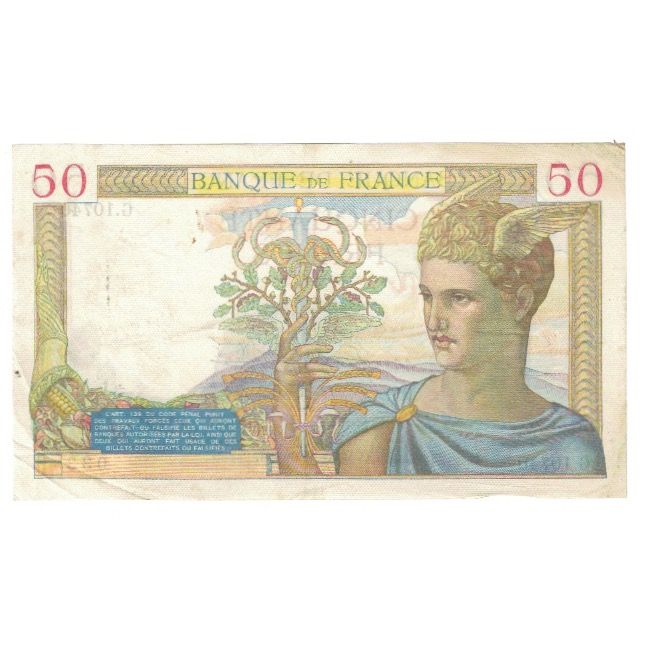 France, 50 Francs, Cérès, 1939, G.10740 033, EF(40-45), Fayette:18.29, KM:85b