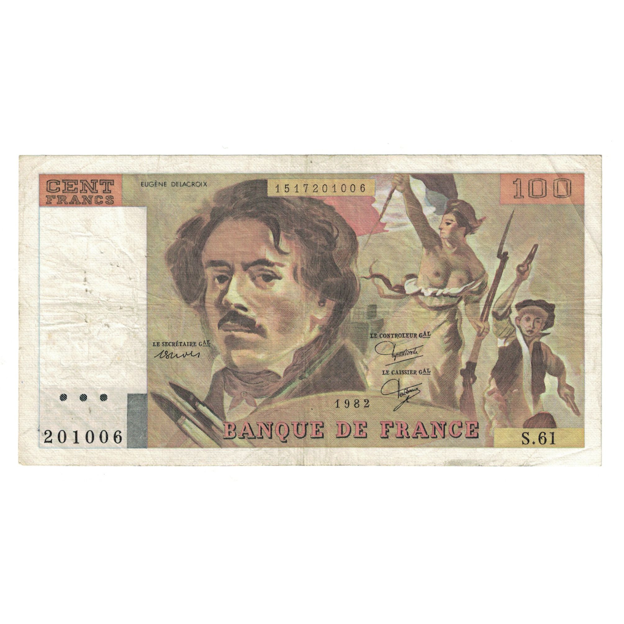 France, 100 Francs, Delacroix, 1982, 201006S.61, VF(30-35), Fayette:69.6