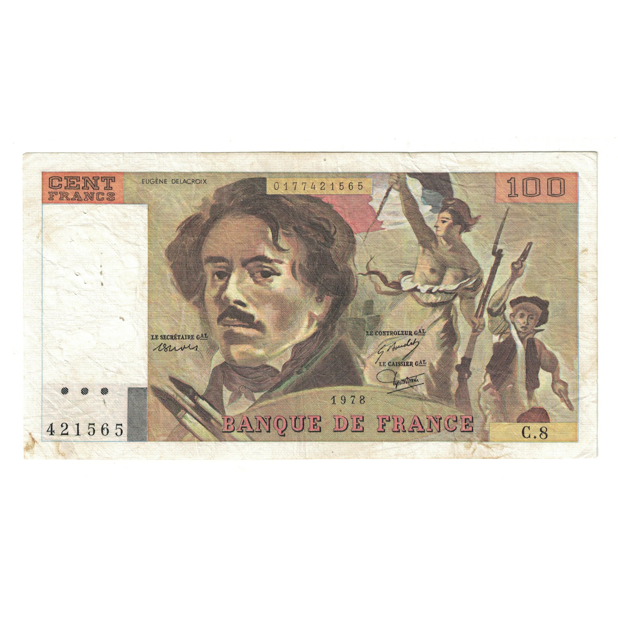 France, 100 Francs, Delacroix, 1978, C.8 421565, EF(40-45), Fayette:69.01e