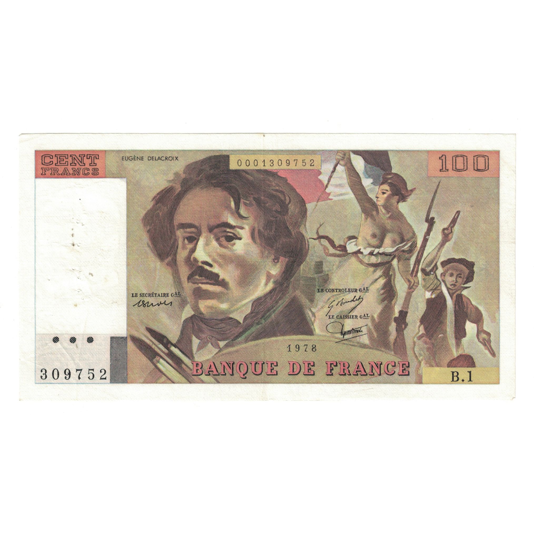 France, 100 Francs, Delacroix, 1978, B.1309752, AU(50-53), Fayette:68.01