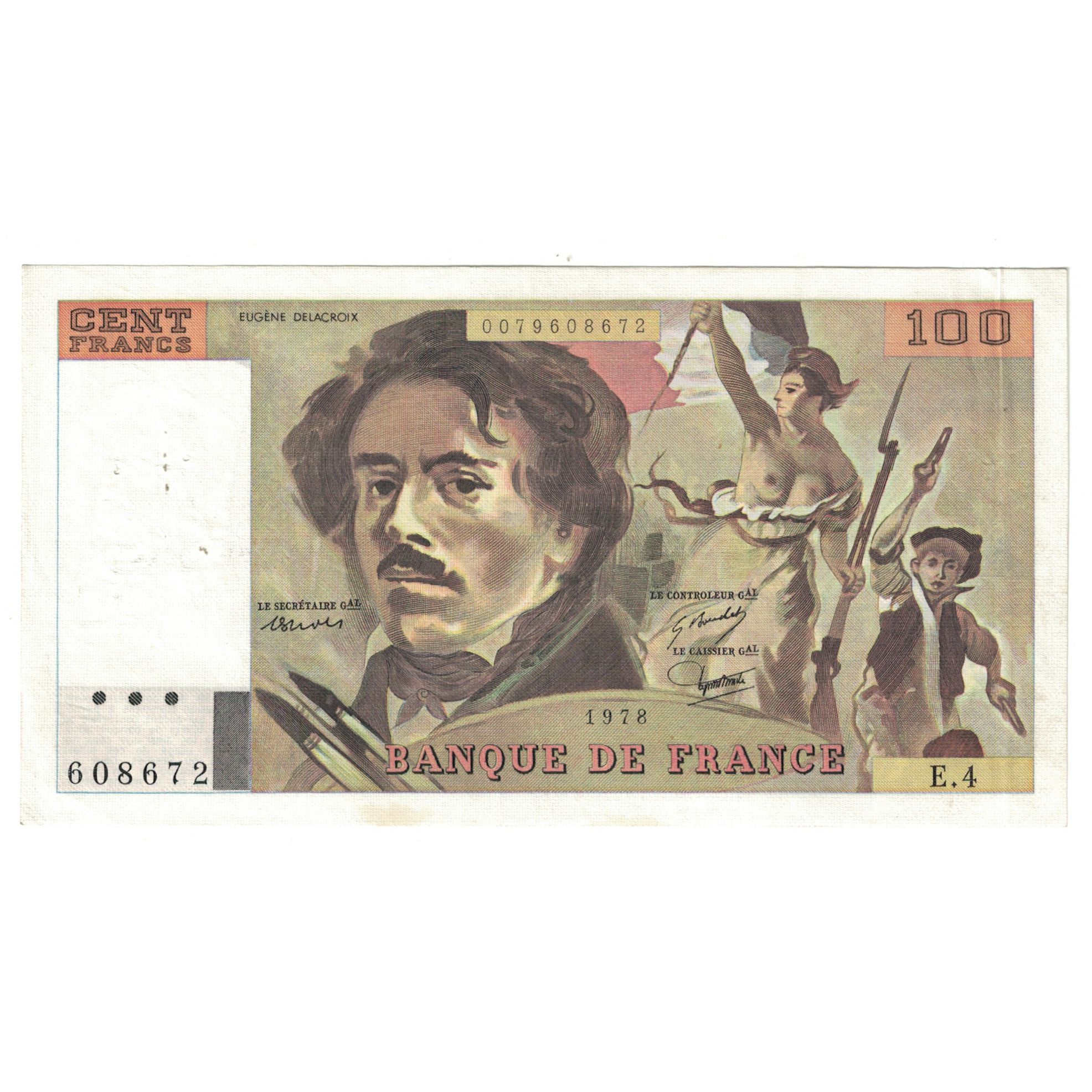 France, 100 Francs, Delacroix, 1978, E.4608672, AU(50-53), Fayette:69.1c