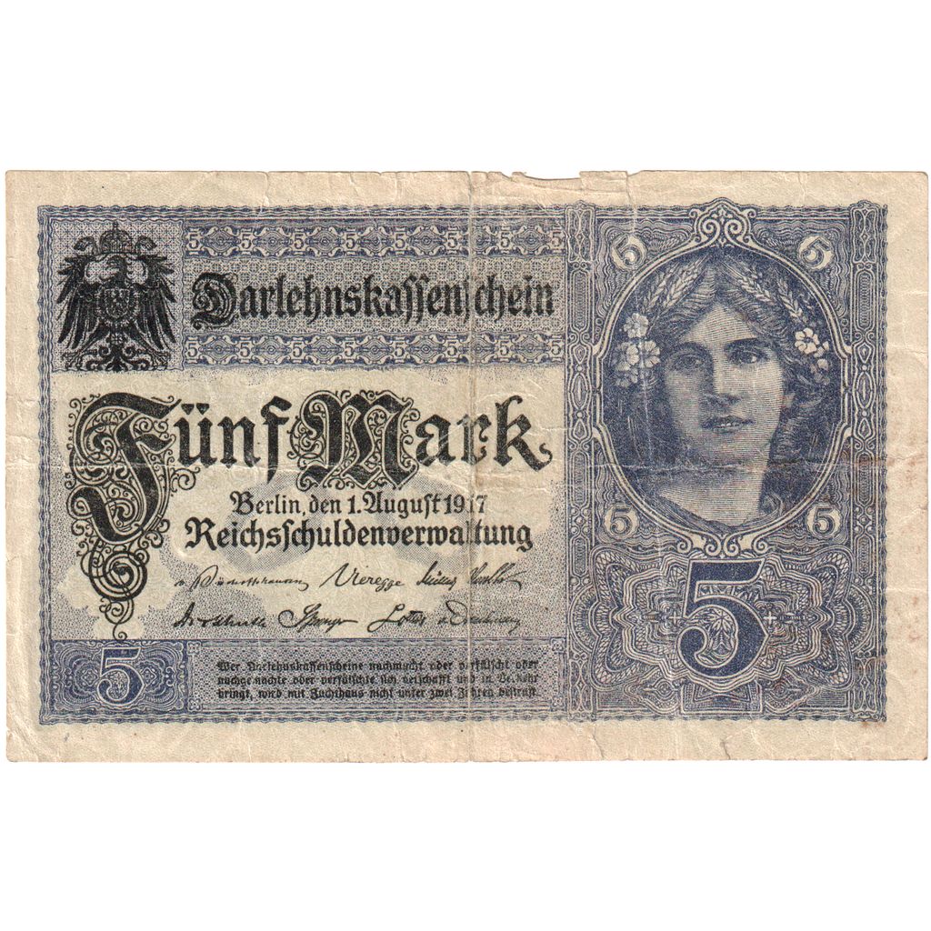 Germany, 5 Mark, 1917, 1917-08-01, KM:56a, VF