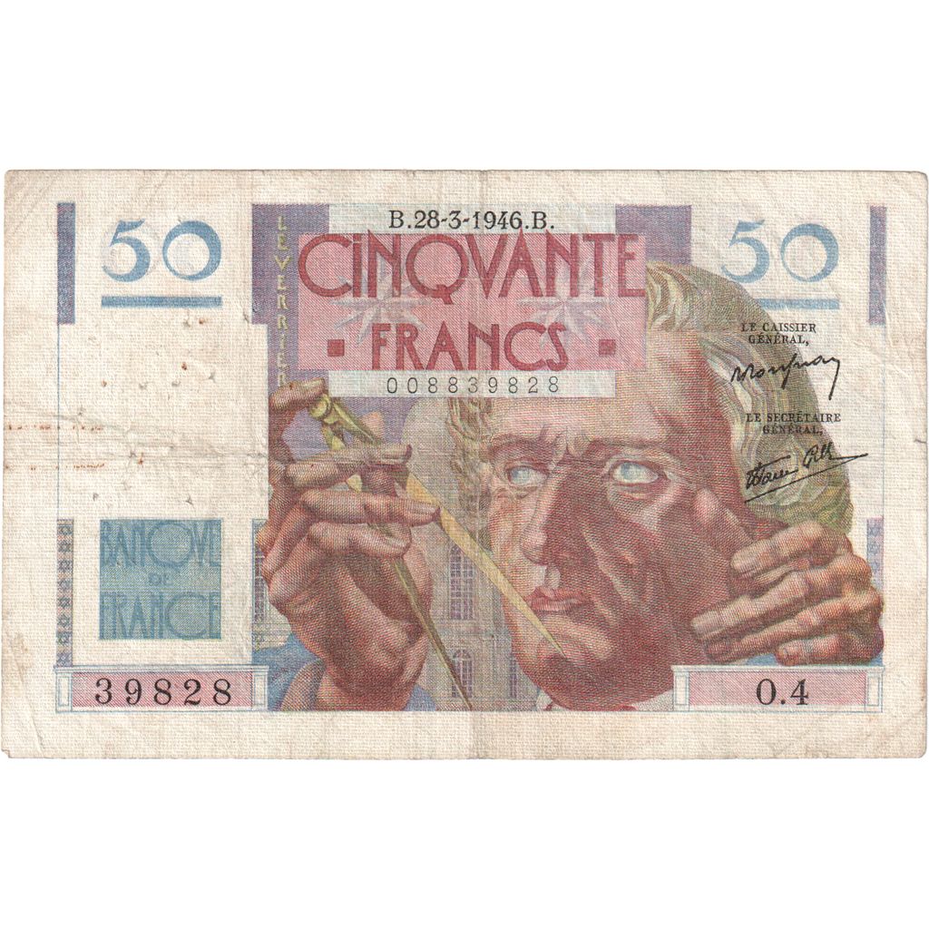 France, 50 Francs, Le Verrier, 1946-03-28, O.4, VF(30-35)