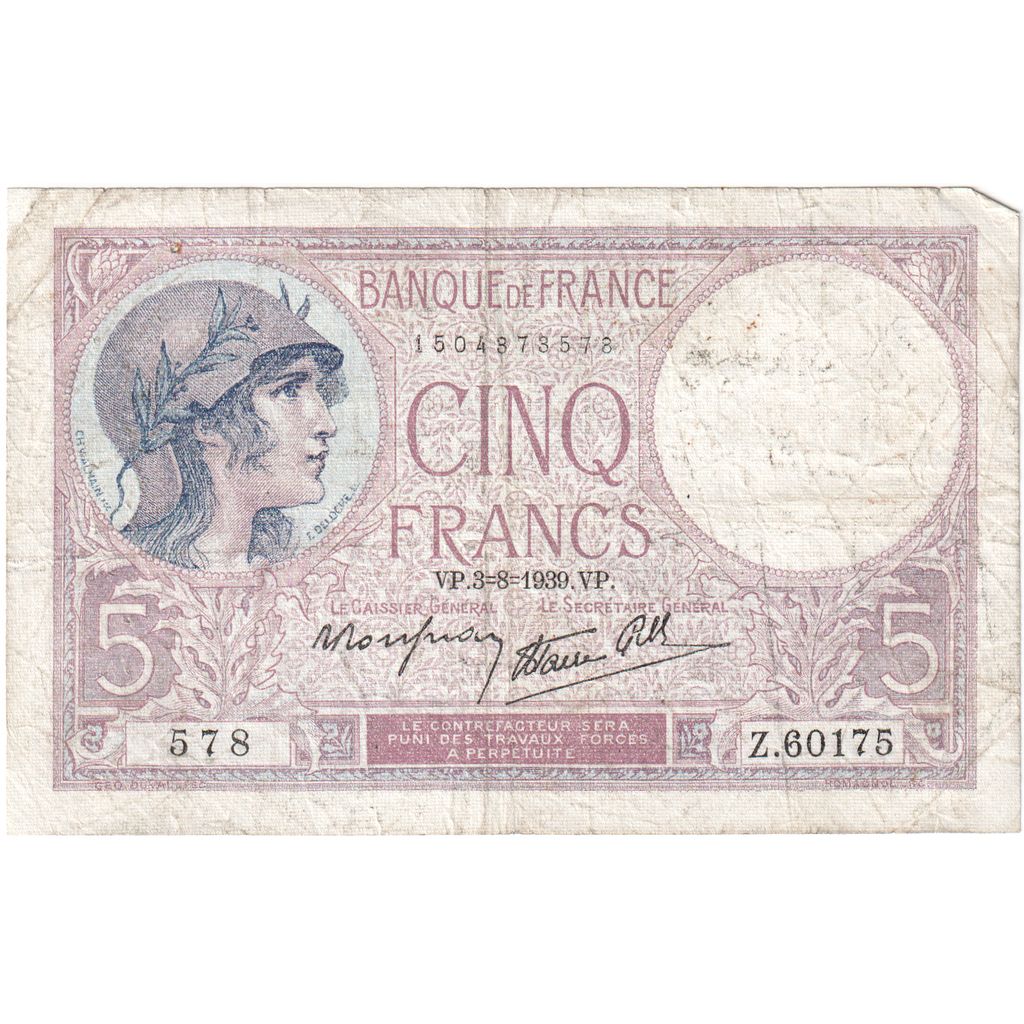 France, 5 Francs, Violet, 1939-08-03, Z.60175578, VF(20-25)
