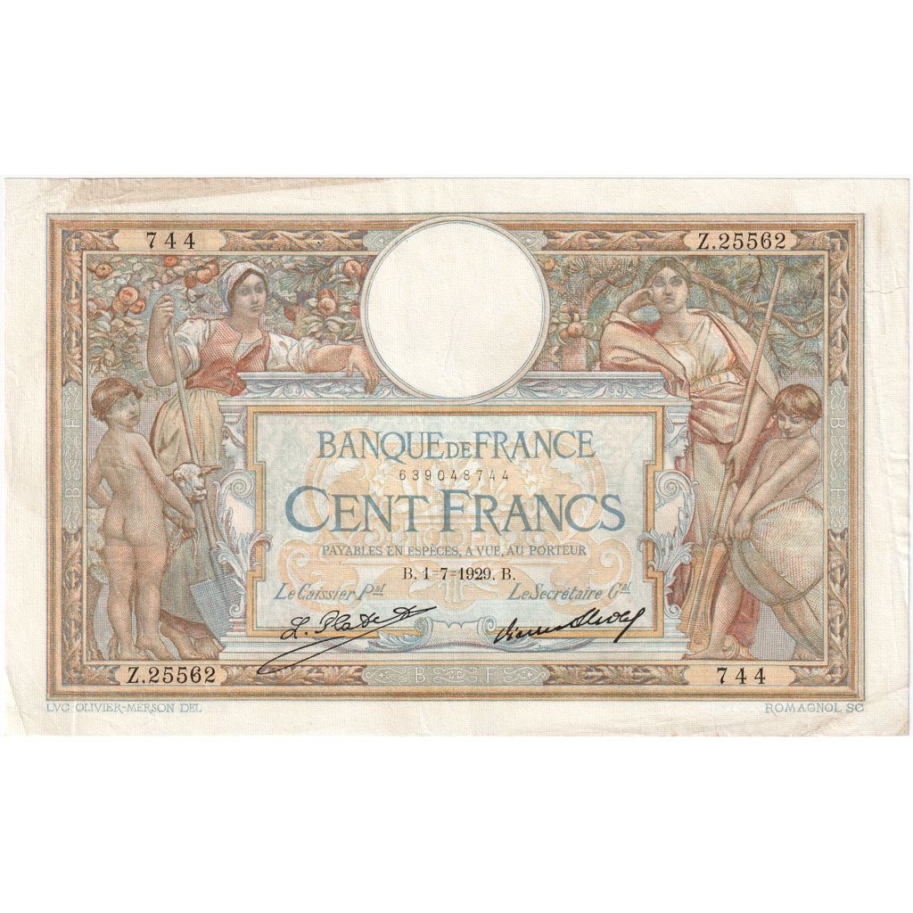 France, 100 Francs, Luc Olivier Merson, 1929-07-01, Z.25562744, AU(50-53)