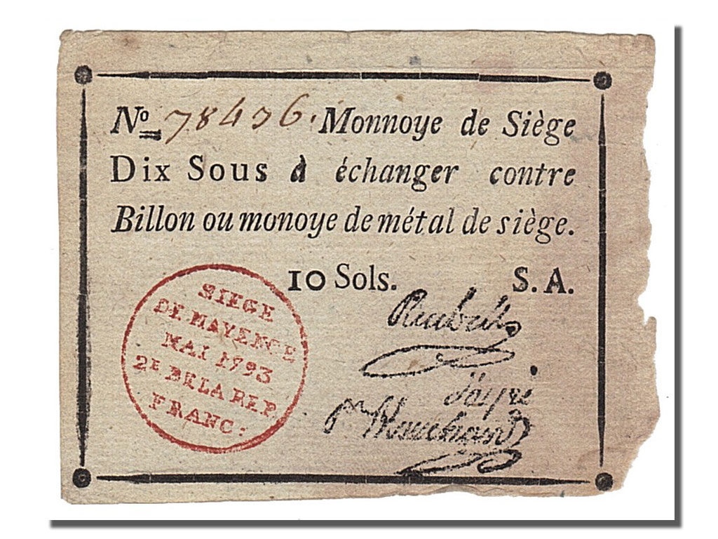 Banknote, Germany, 10 Sous, 1793, EF(40-45), KM:S1479a, Lafaurie:247
