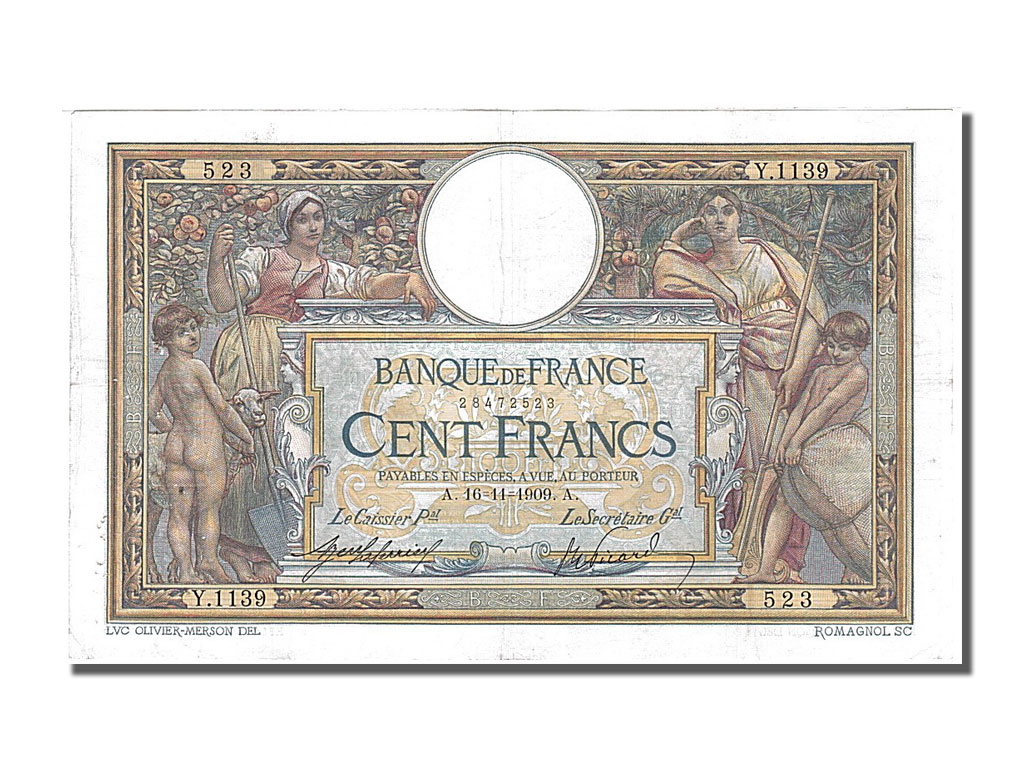 Biljet, Frankrijk, 100 Francs, 100 F 1908-1939 ''Luc Olivier Merson'', 1909