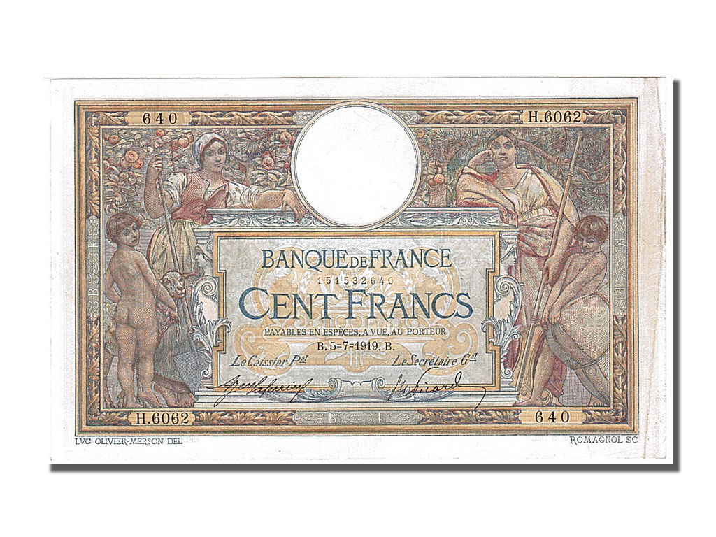 Biljet, Frankrijk, 100 Francs, 100 F 1908-1939 ''Luc Olivier Merson'', 1919