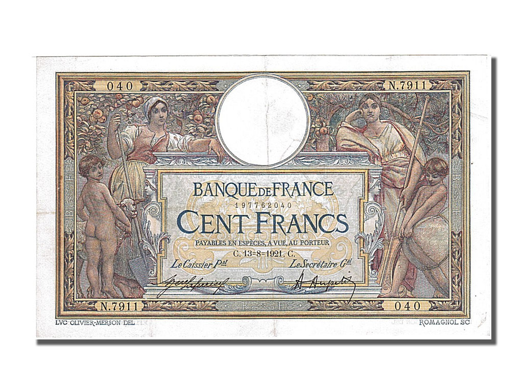 Banknote, France, 100 Francs, 100 F 1908-1939 ''Luc Olivier Merson'', 1921