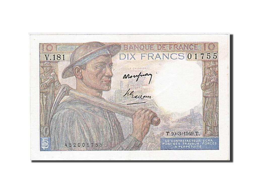 Banknote, France, 10 Francs, 10 F 1941-1949 ''Mineur'', 1949, 1949-03-10