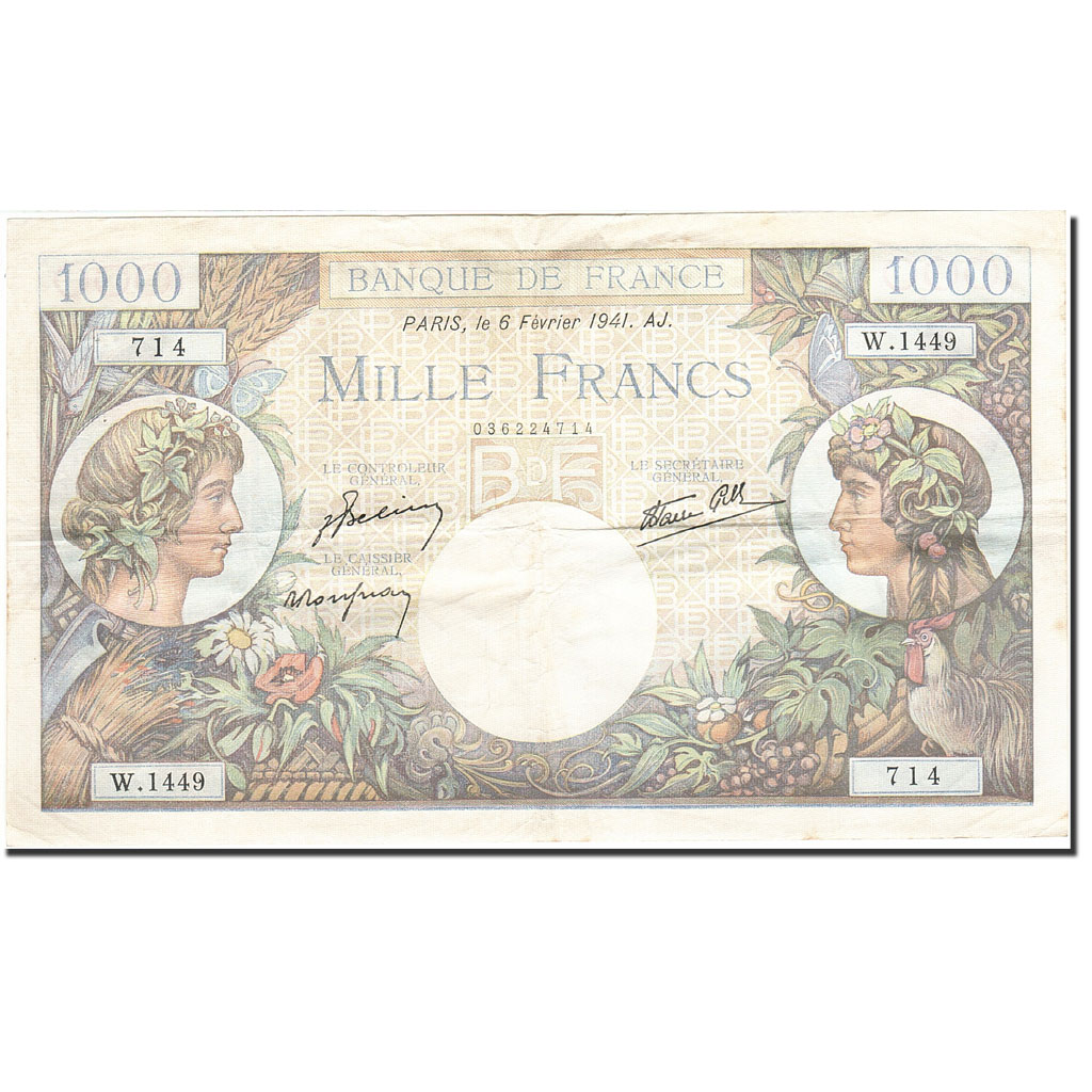 Biljet, Frankrijk, 1000 Francs, 1940, 1941-02-06, TTB, Fayette:39.4, KM:96b