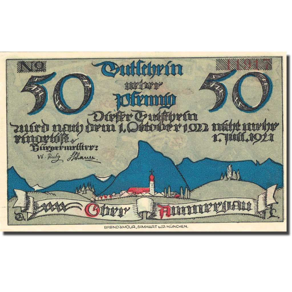 Billet, Allemagne, Oberammergau, 50 Pfennig, village 1921-07-01 SPL Mehl 992.3