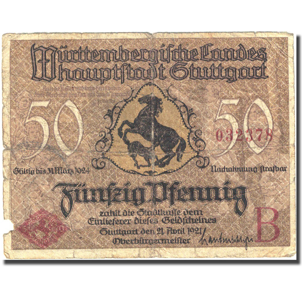 Billet, Allemagne, Stuttgart, 50 Pfennig, Monument 1921-04-21 TB Mehl 1289.1