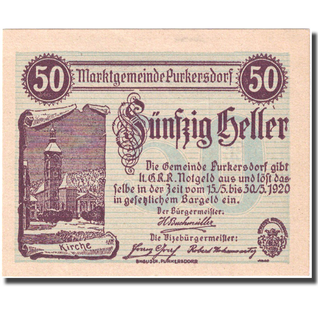 Geldschein, Österreich, Purkersdorf, 50 Heller, Eglise 1920 UNZ- Mehl:FS 801a