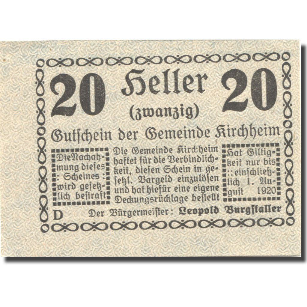Banknote, Austria, Kirchheim 20Heller valeur faciale1920 UNC(63) Mehl:FS 447IIa