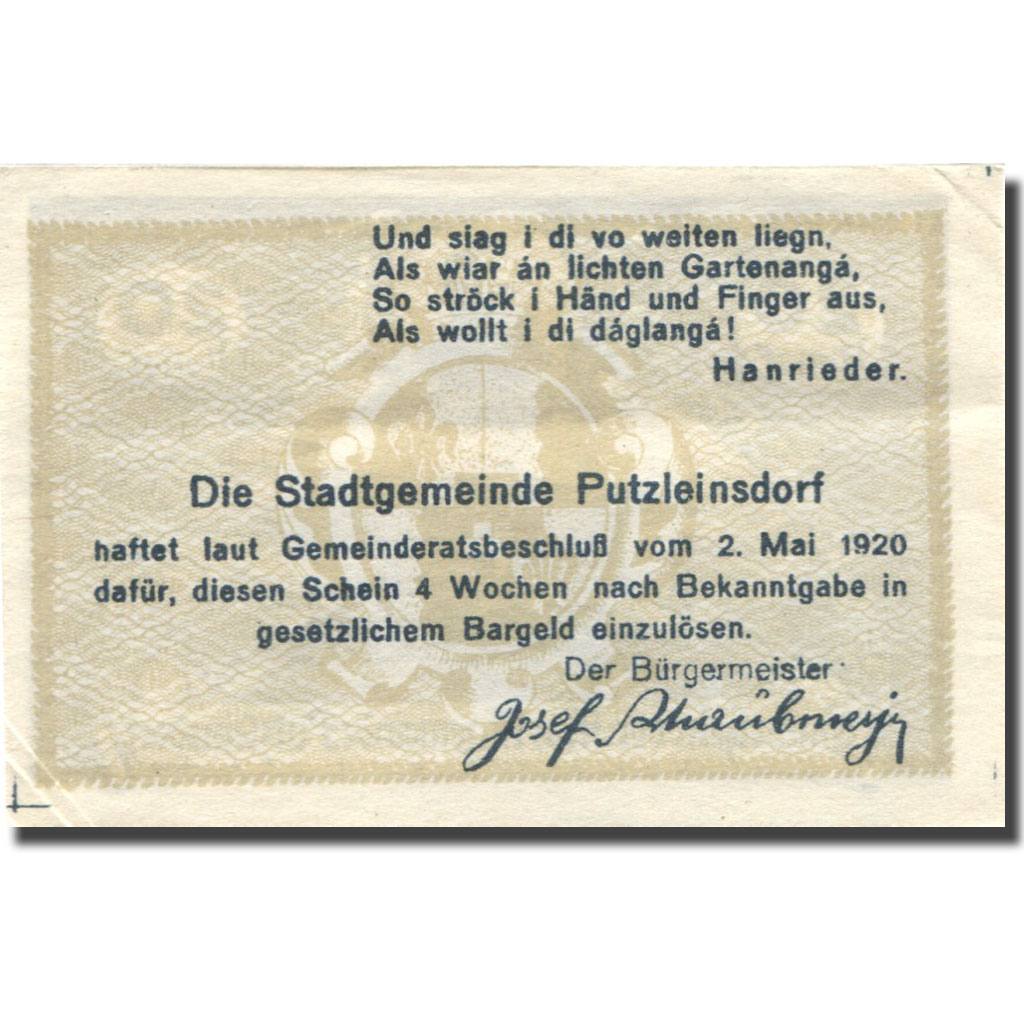 Banknote, Austria, Putzleinsdorf 20 Heller paysage, 1920 UNC(60-62) Mehl:FS 804b