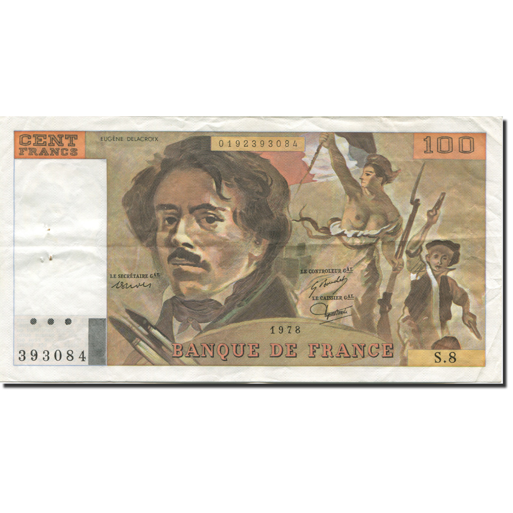 France, 100 Francs, Delacroix, 1978, 1978, AU(55-58), Fayette:69.01f, KM:154a