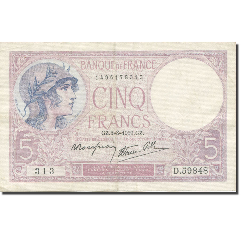 France, 5 Francs, Violet, 1937-1939, 1939-08-03, AU(55-58), Fayette:4.4, KM:83