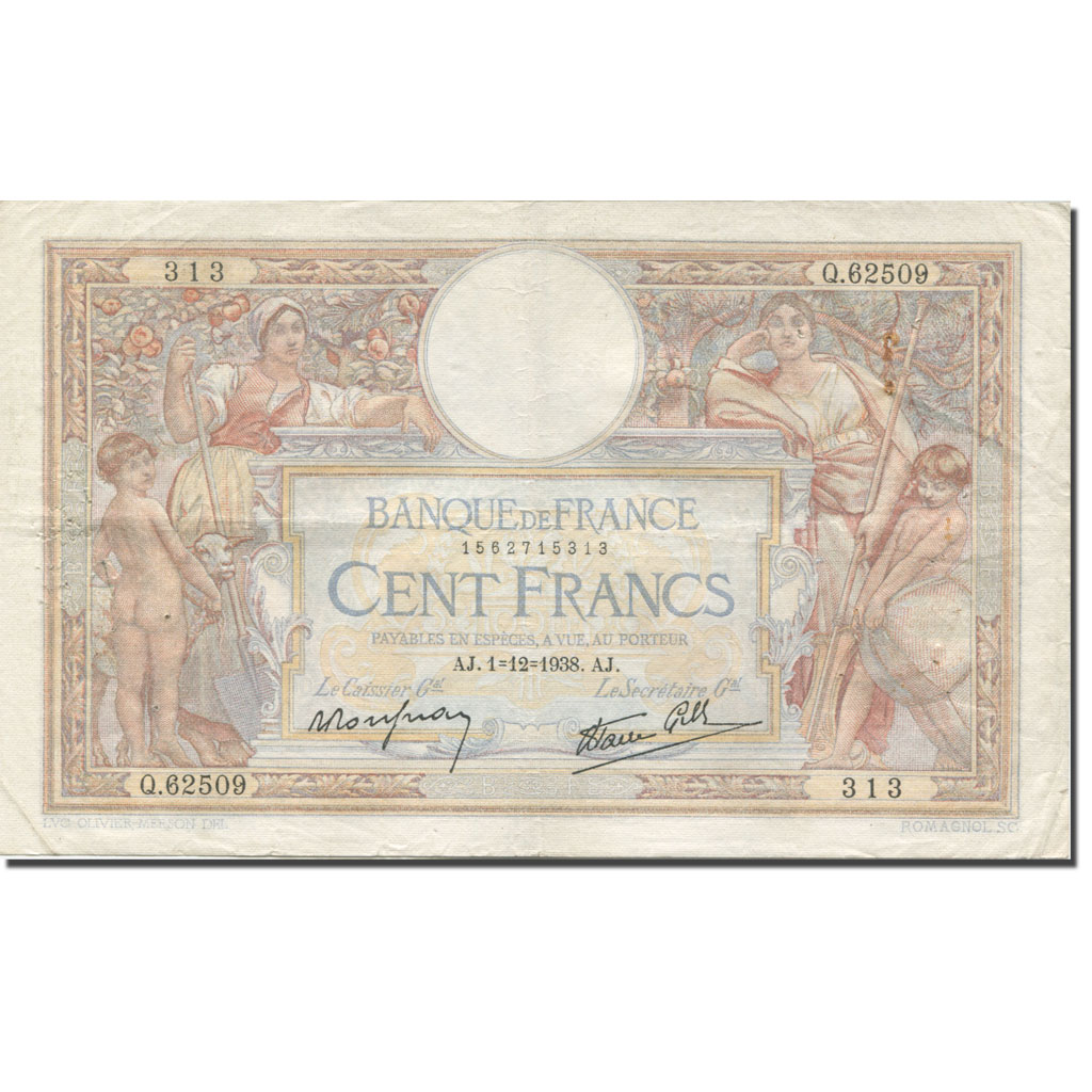 France, 100 Francs, Luc Olivier Merson, 1938 EF(40-45) Fayette:25.35