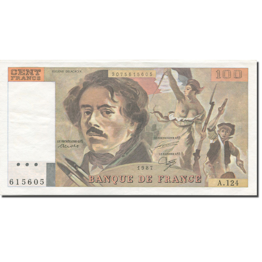 France, 100 Francs, Delacroix, 1987, UNC(65-70), Fayette:69.11, KM:154c