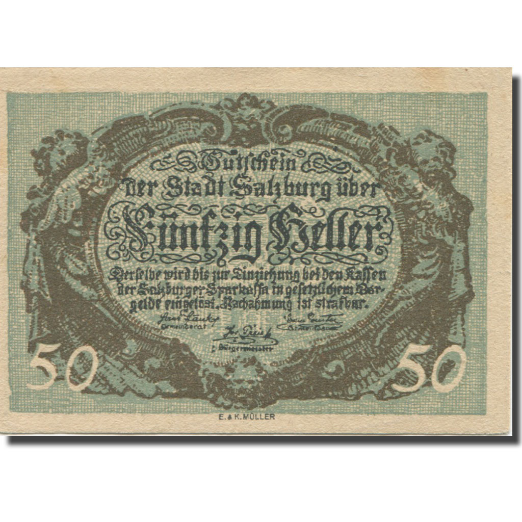 Banknote, Austria, Salzburg, 50 Heller, fontaine, 1920, AU(55-58), Mehl:FS 862a