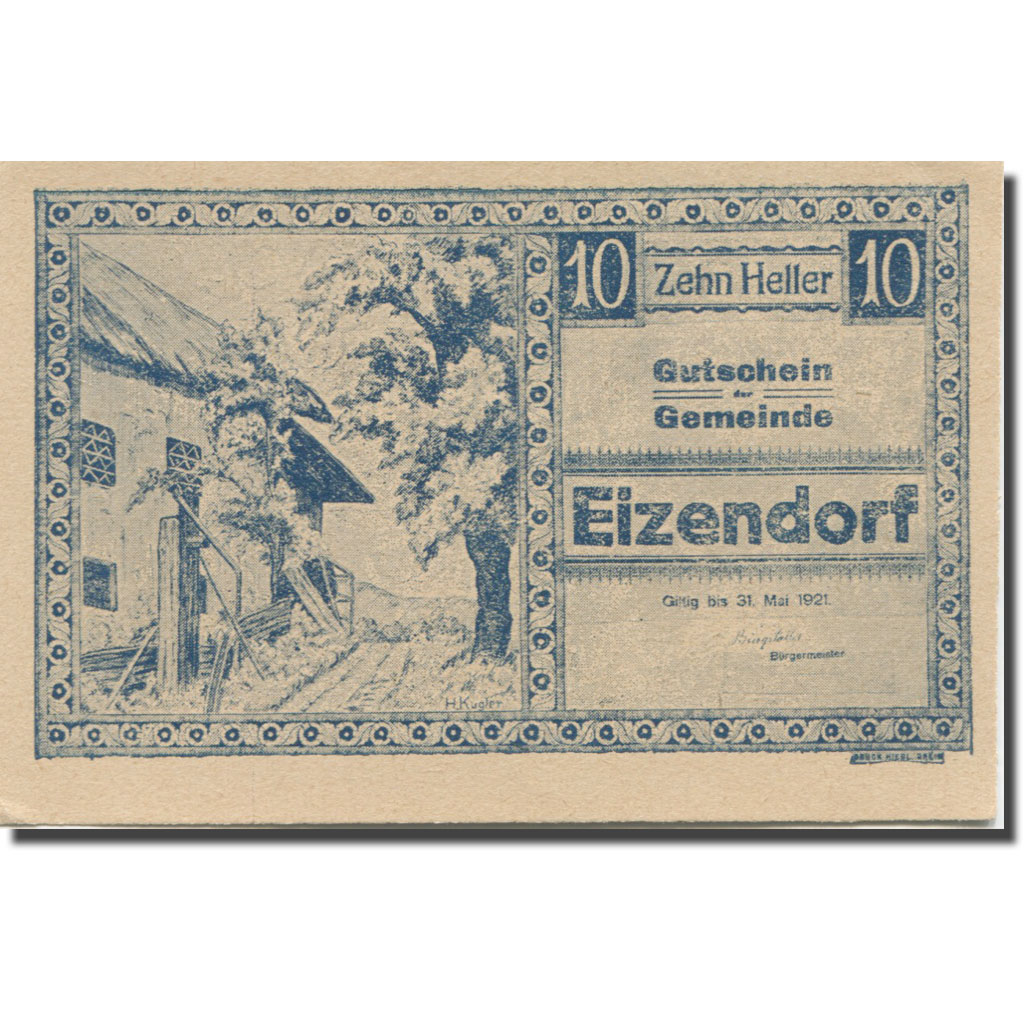Banknote, Austria, Eizendorf, 10 Heller, ferme, 1921 UNC(63) Mehl:FS 170a