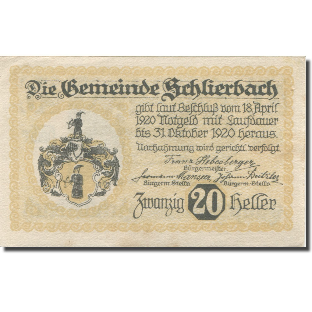 Banknote, Austria Schlierbach 20 Heller, château, 1920 AU(55-58) Mehl:FS 962IIa