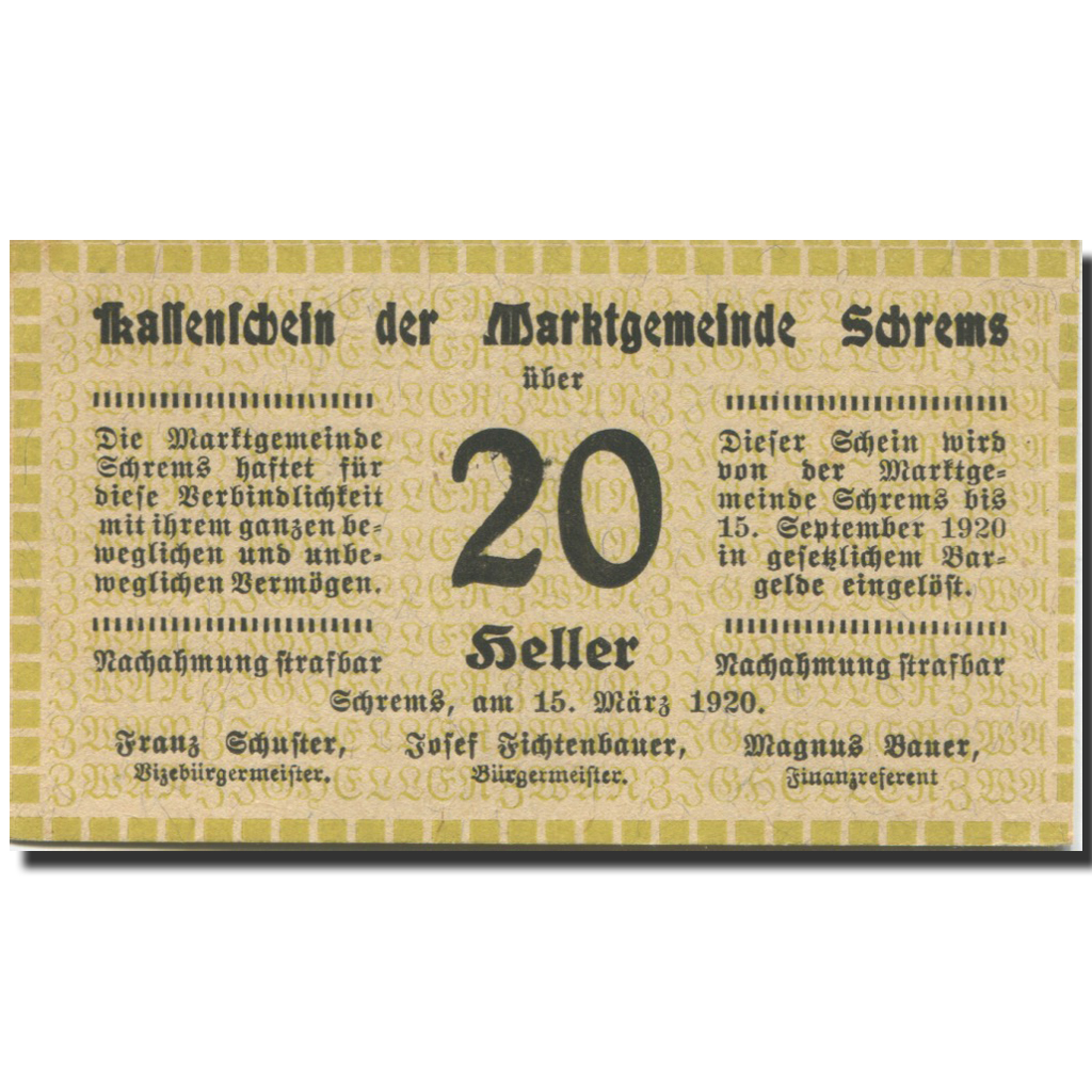 Banknote, Austria, Schrems, 20 Heller face value 1920 UNC(63) Mehl:FS 972Ib
