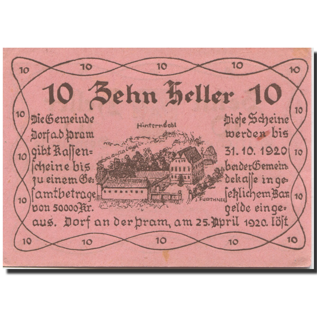 Banknote, Austria, Dorf a/d Pram, 10 Heller, château, 1920 UNC(63) Mehl:FS 129Ia