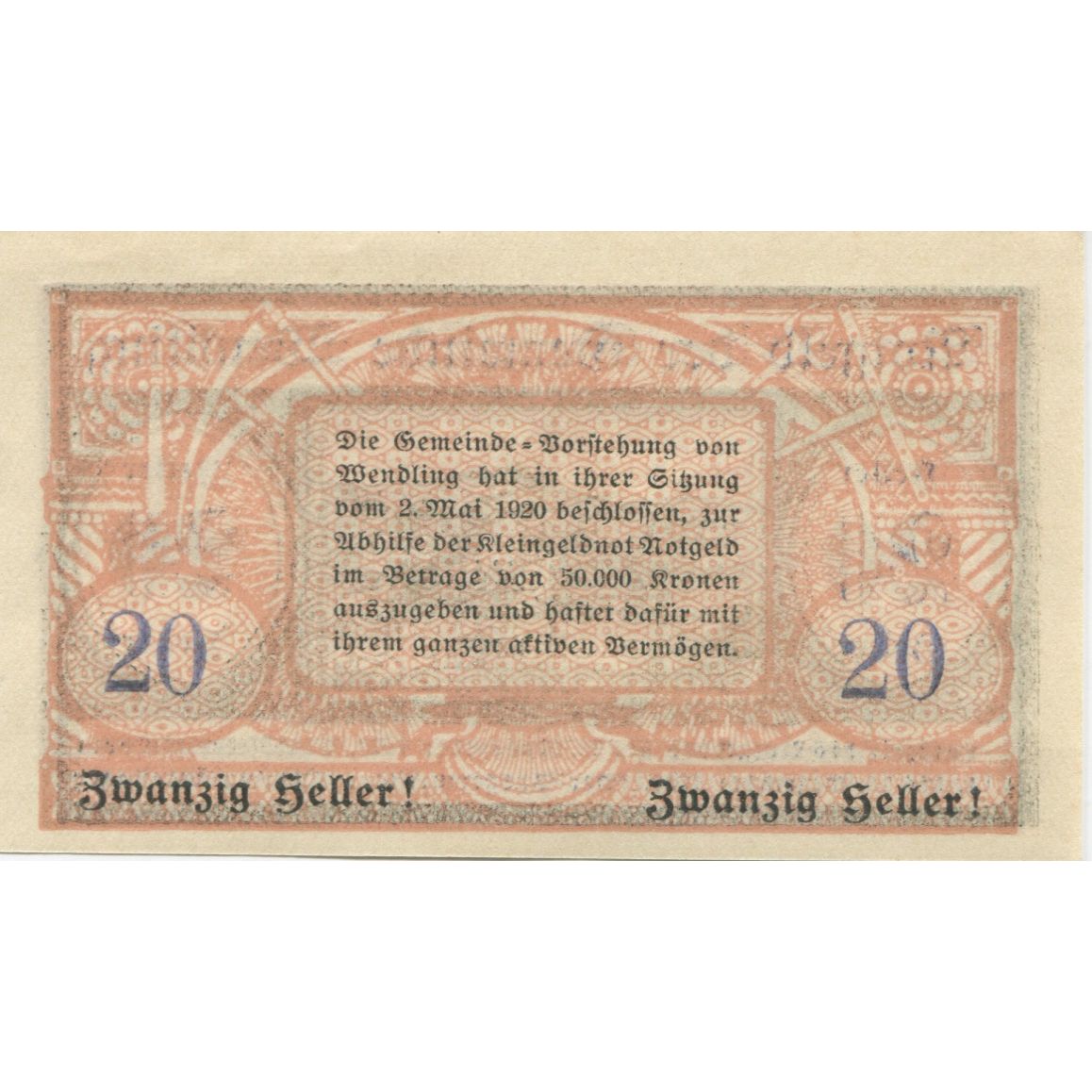 Banknote, Austria, Wendling, 20 Heller, village, 1920 UNC(63) Mehl:FS 1170a