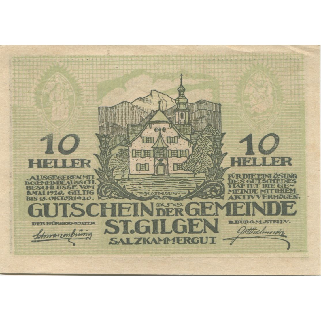 Banknote, Austria, St Gilgen, 10 Heller, Eglise, 1920 UNC(63) Mehl:FS 891a