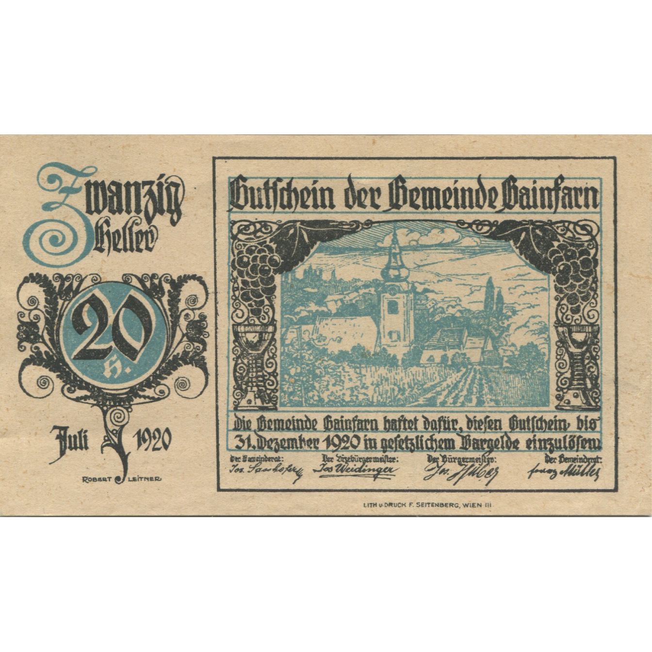 Banknote, Austria, Gainfarn, 20 Heller, village, 1920, UNC(63) Mehl:FS 217a