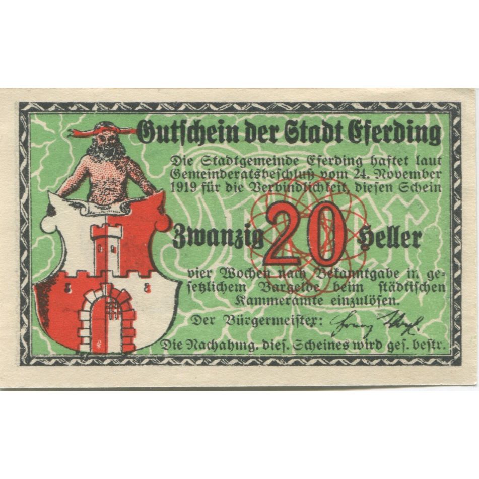 Billete, Austria, Eferding, 20 Heller, Blason, 1920, SC, Mehl:FS 152I