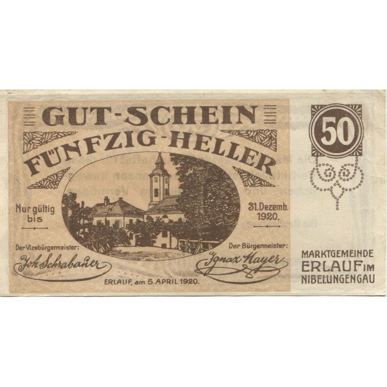 Billete, Austria, Erlauf, 50 Heller, Eglise, 1920, 1920-12-31, EBC, Mehl:FS 181a