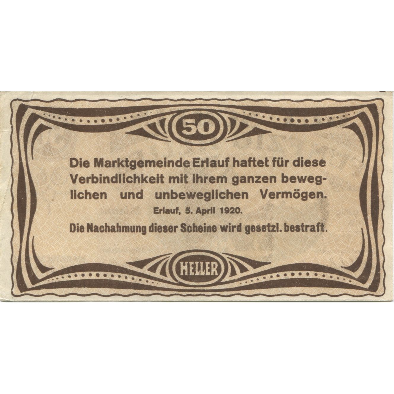 Billete, Austria, Erlauf, 50 Heller, Eglise, 1920, 1920-12-31, EBC, Mehl:FS 181a