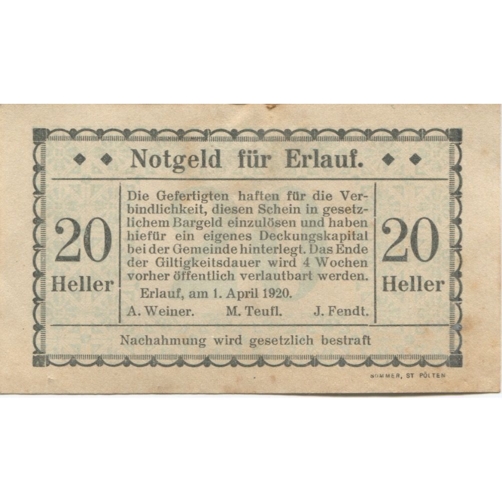 Billete, Austria, Erlauf, 20 Heller, valeur faciale, 1920, EBC, Mehl:FS 182b