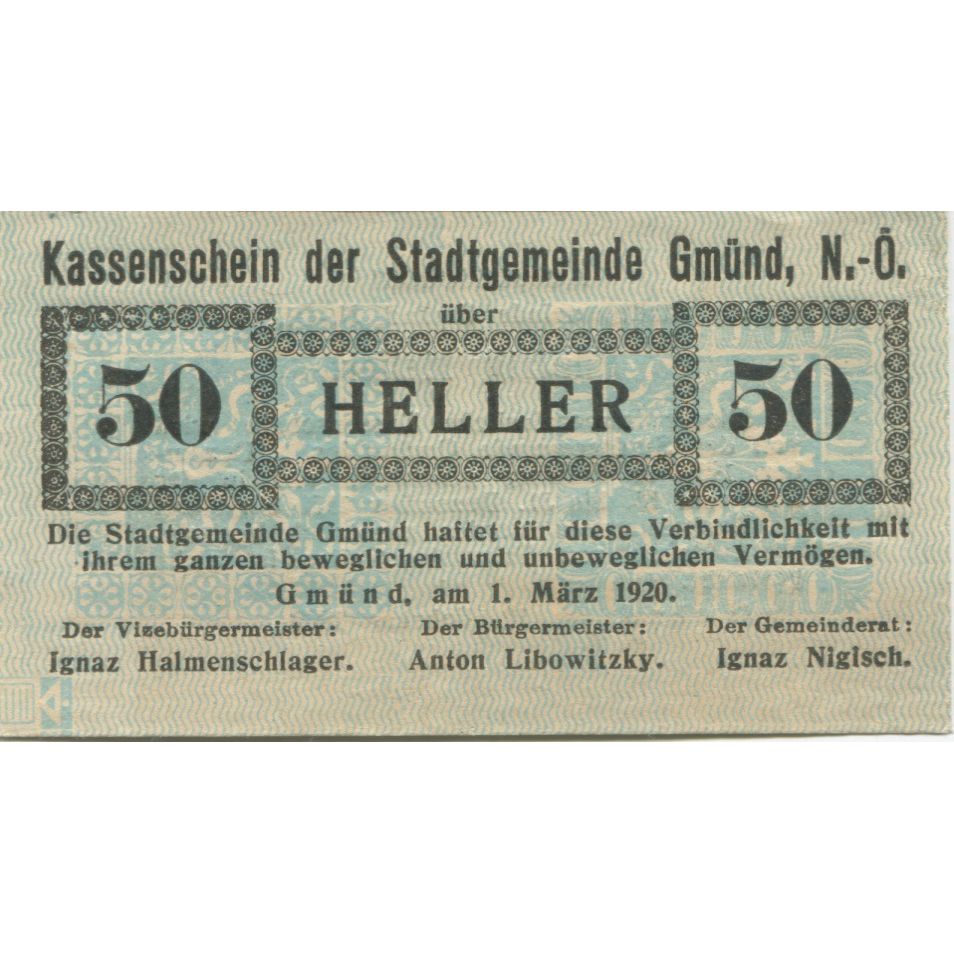 Billete, Austria, Gmünd, 50 Heller, valeur faciale 1, 1920 SC Mehl:FS 239a1.1