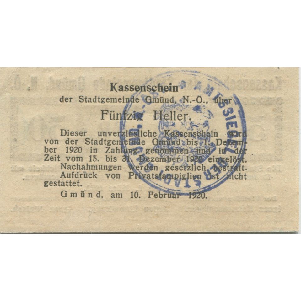 Billete, Austria, Gmünd, 50 Heller, valeur faciale 1, 1920 SC Mehl:FS 239a1.1