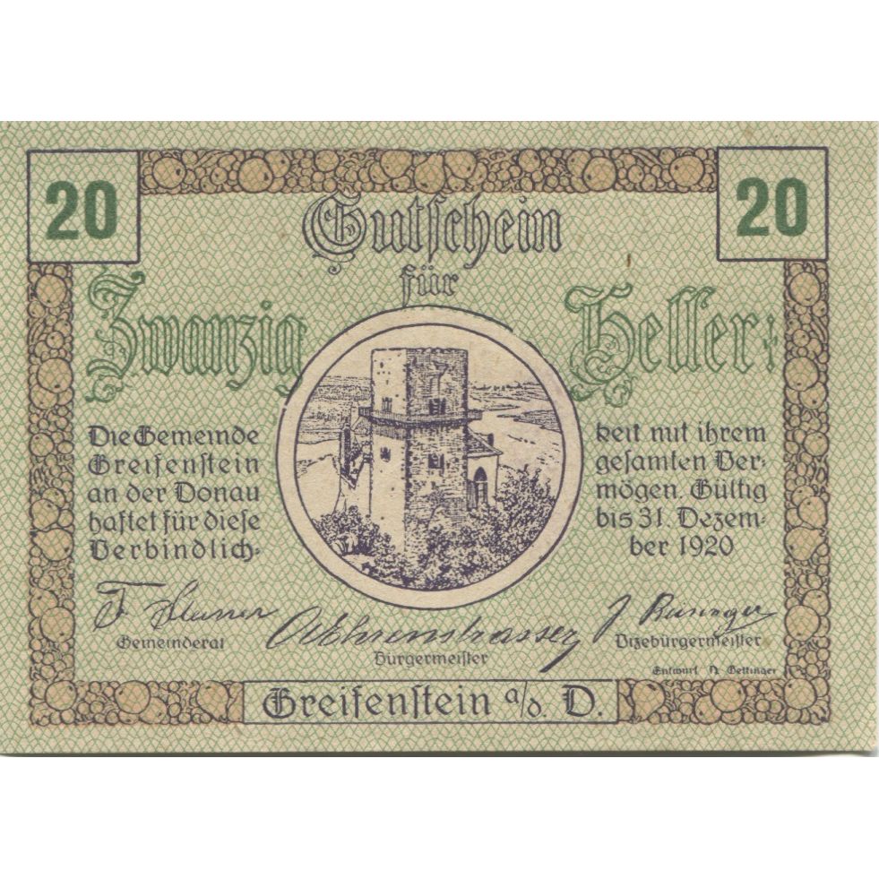 Billete, Austria, Greifenstein, 20 Heller, château 1, 1920-12-31 SC Mehl:FS 275a
