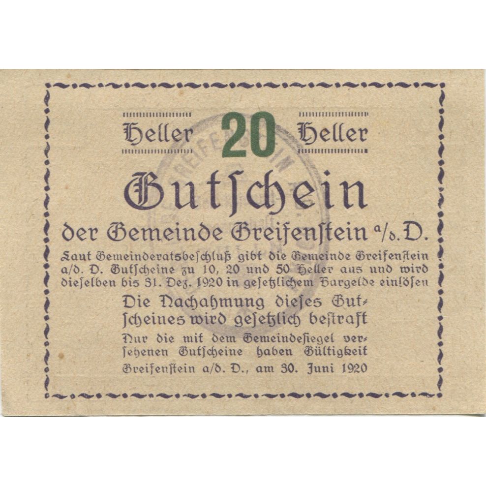 Billete, Austria, Greifenstein, 20 Heller, château 1, 1920-12-31 SC Mehl:FS 275a