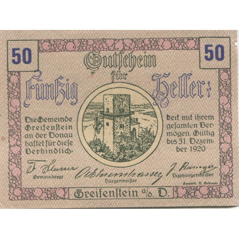 Billete, Austria, Greifenstein, 50 Heller, château 3, 1920 SC Mehl:FS 275a