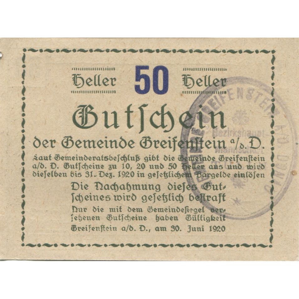 Billete, Austria, Greifenstein, 50 Heller, château 3, 1920 SC Mehl:FS 275a