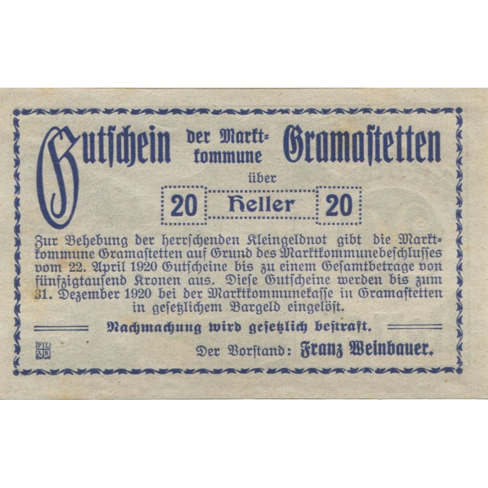 Billete, Austria, Gramastetten, 20 Heller, rue 1920-05-01, SC, Mehl:FS 256