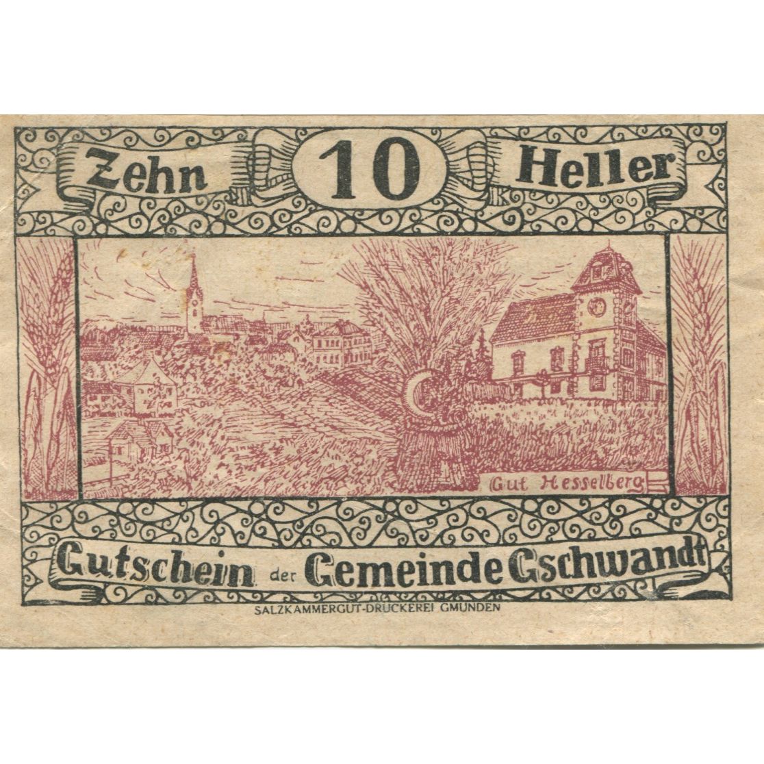 Billete, Austria, Gschwandt, 10 Heller, village, 1920-05-07, SC, Mehl:FS 305a