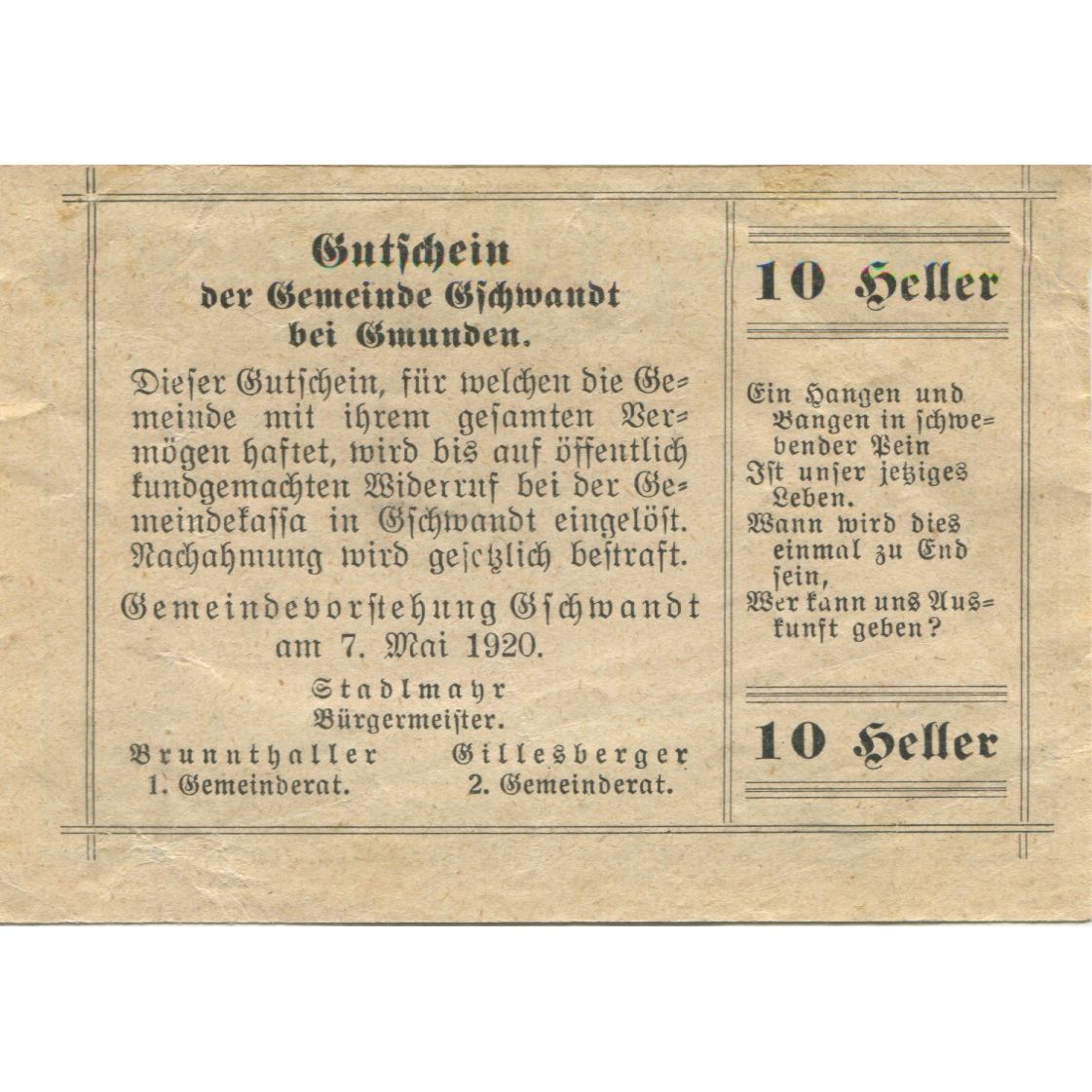 Billete, Austria, Gschwandt, 10 Heller, village, 1920-05-07, SC, Mehl:FS 305a