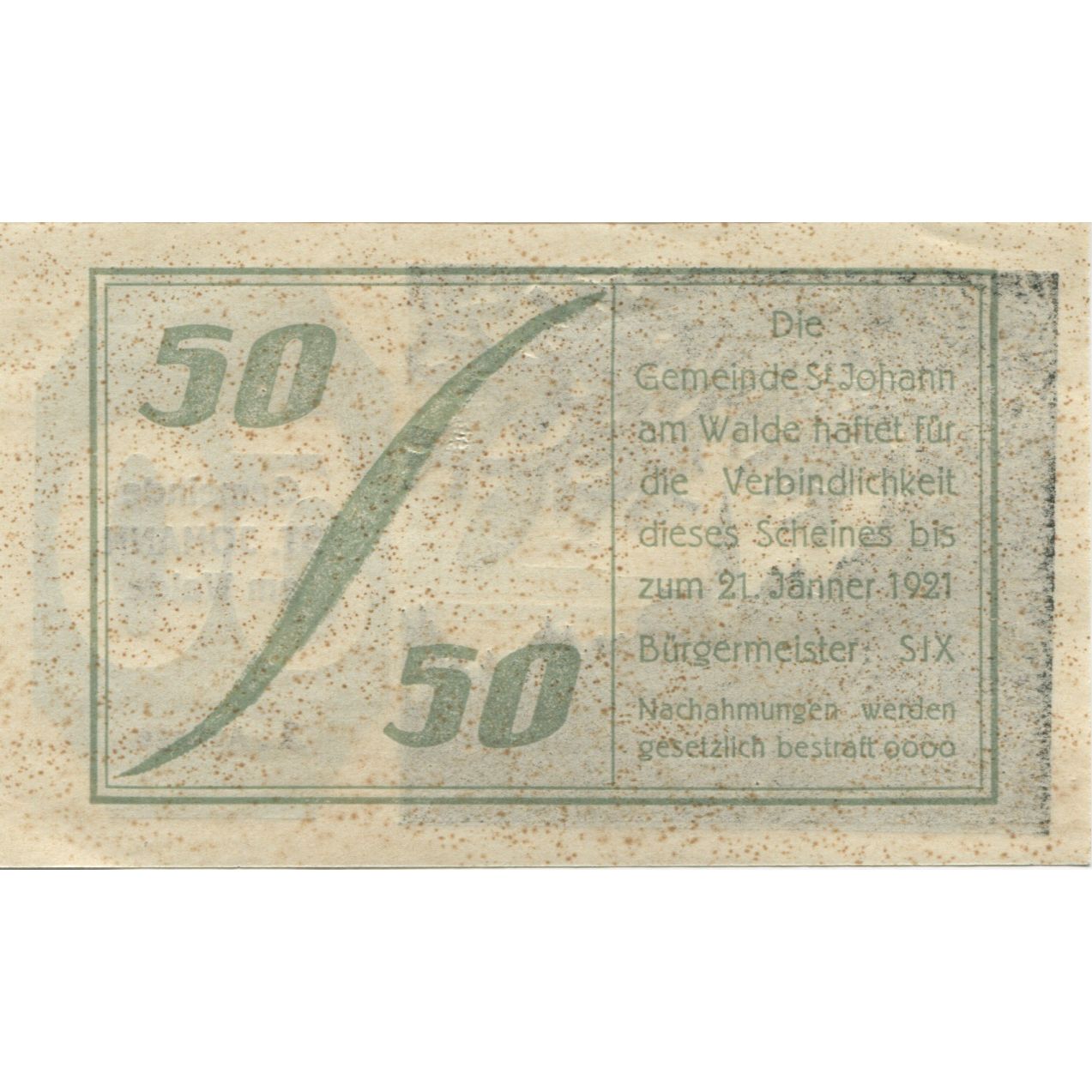 Billete, Austria, St Johann, 50 Heller, Eglise 1921-01-21, SC, Mehl:FS 893a
