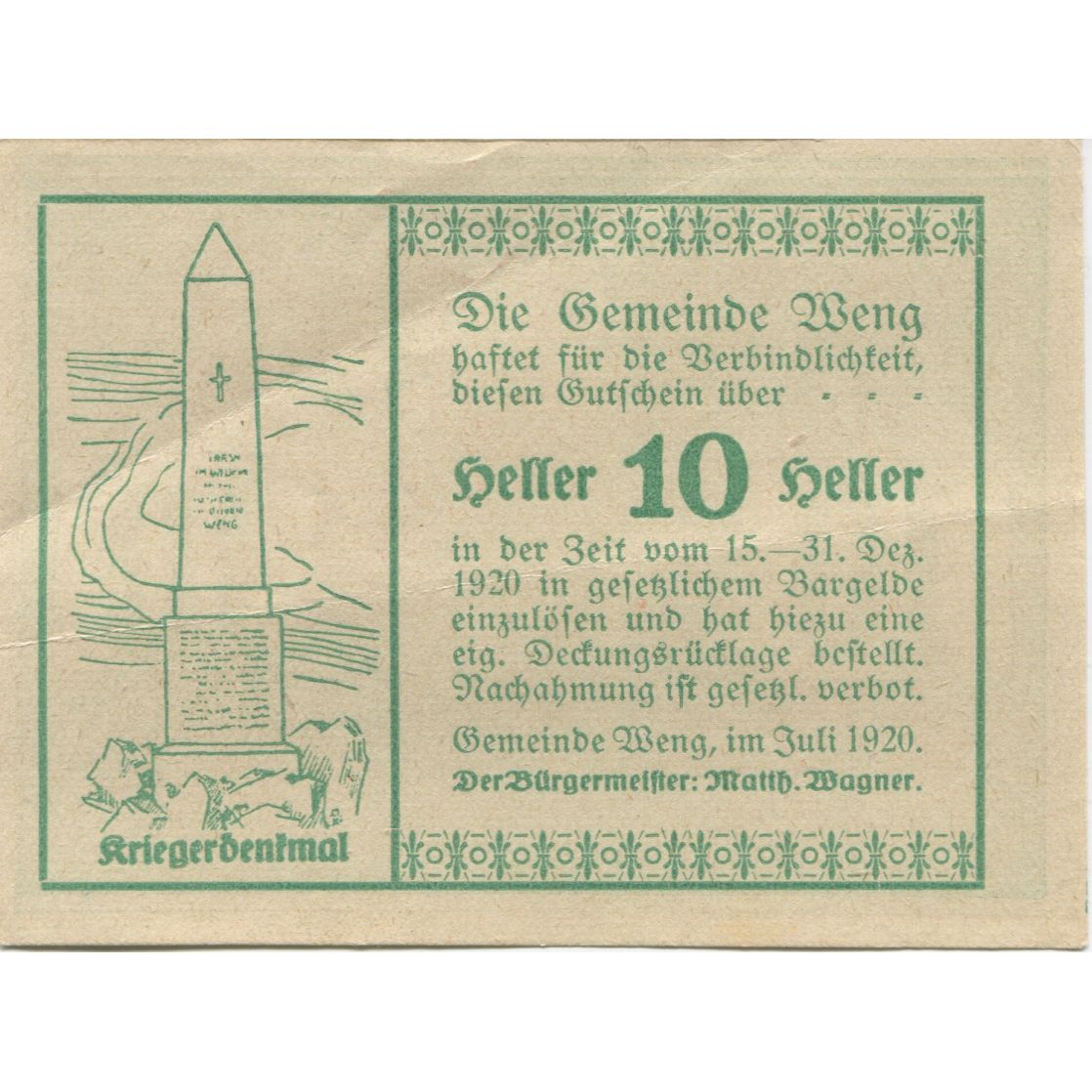 Billete, Austria, Weng, 10 Heller, Monument, 1920, SC, Mehl:FS 1171I.1
