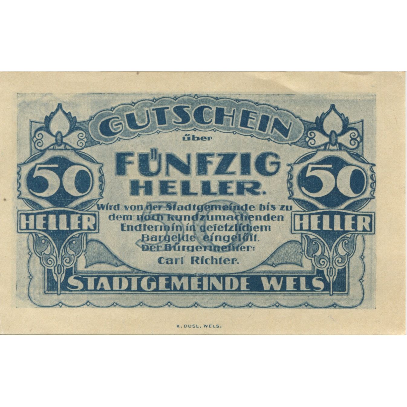 Billete, Austria, Wels, 50 Heller, Batiment, 1920, SC, Mehl:FS 1167II