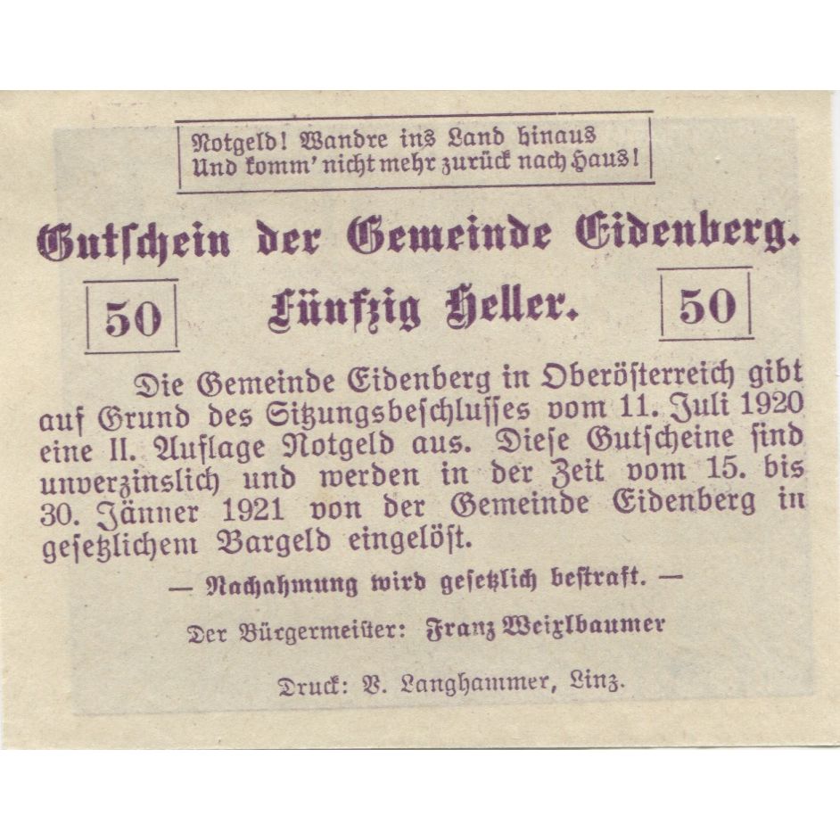 Billete, Austria, Eidenberg, 50 Heller, Forêt, 1921 SC, Mehl:FS 168IIa
