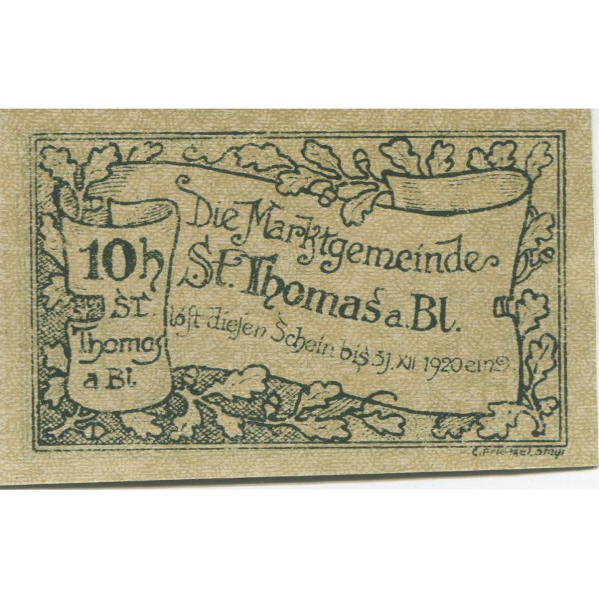 Billete, Austria, St Thomas, 10 Heller, valeur faciale, 1920 SC Mehl:FS 938a